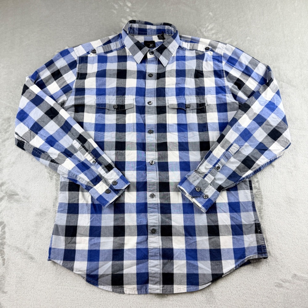 J.Ferrar Modern Fit Plaid Button Down Shirt Men's Medium Blue Black White LS